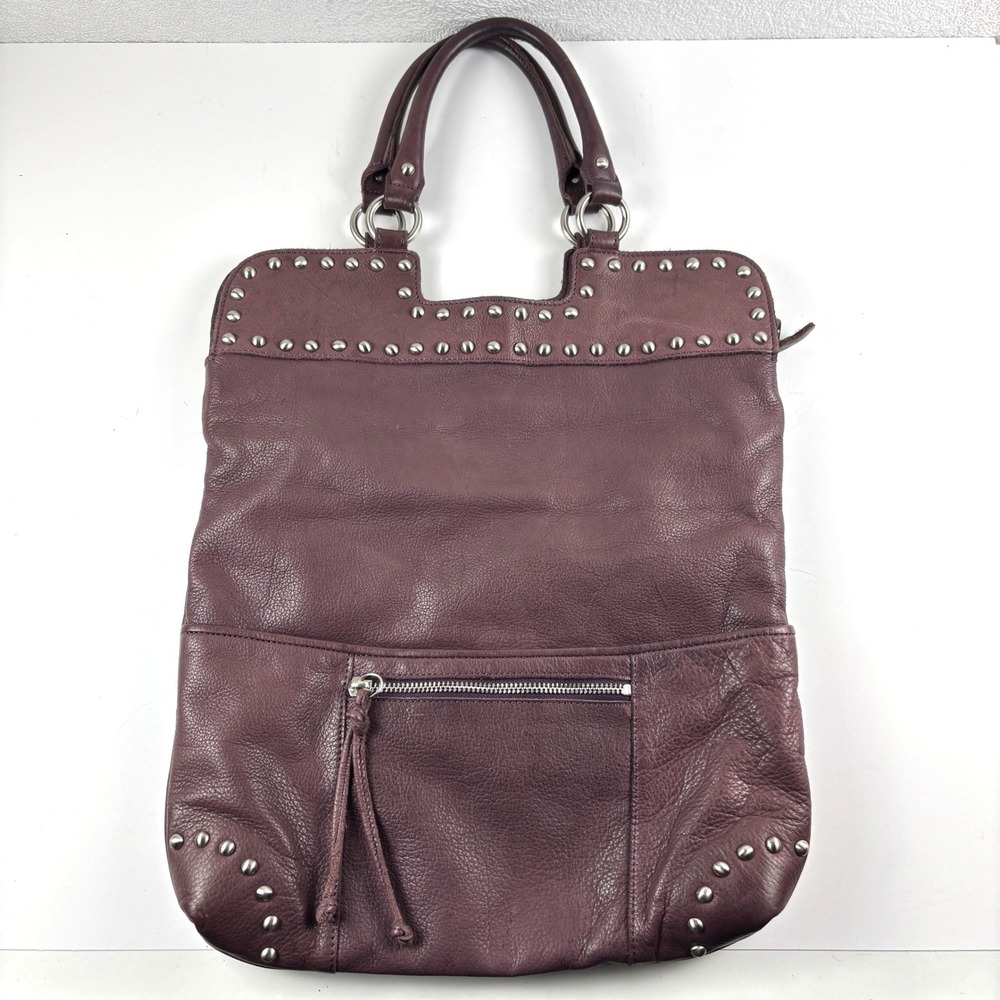Sorial Tote Bag Womens Large Burgundy Leather Studded Leopard Lining Moto Edgy